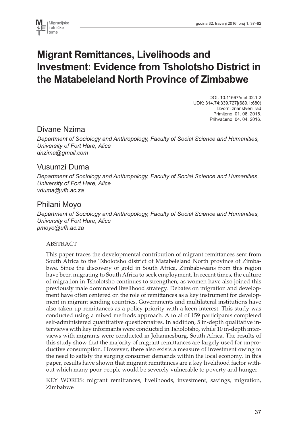 Migrant Remittances, Livelihoods and Investment: Evidence from Tsholotsho District in the Matabeleland North Province of Zimbabwe
