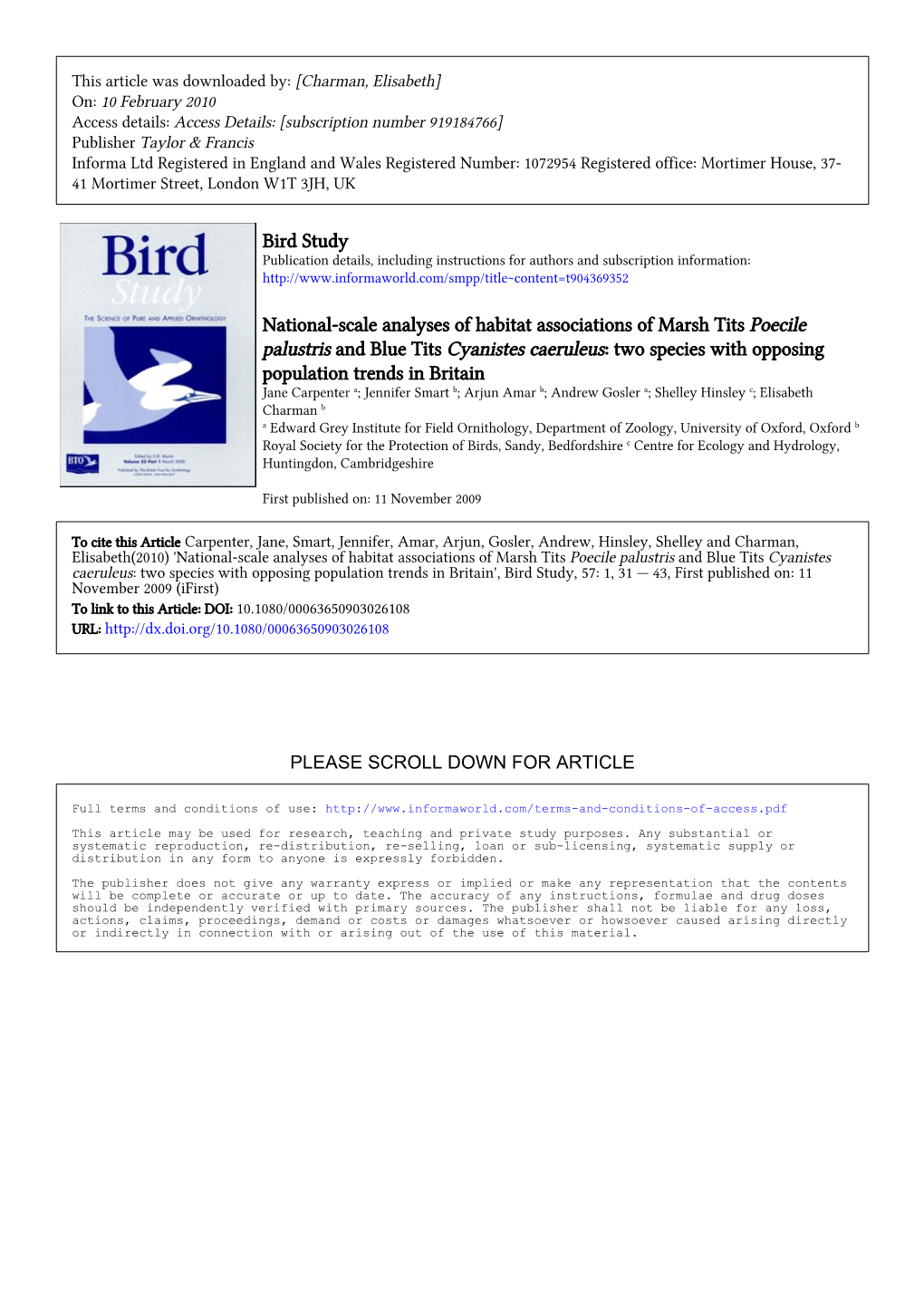 National-Scale Anaylses of Habitat Associations of Marsh Tits