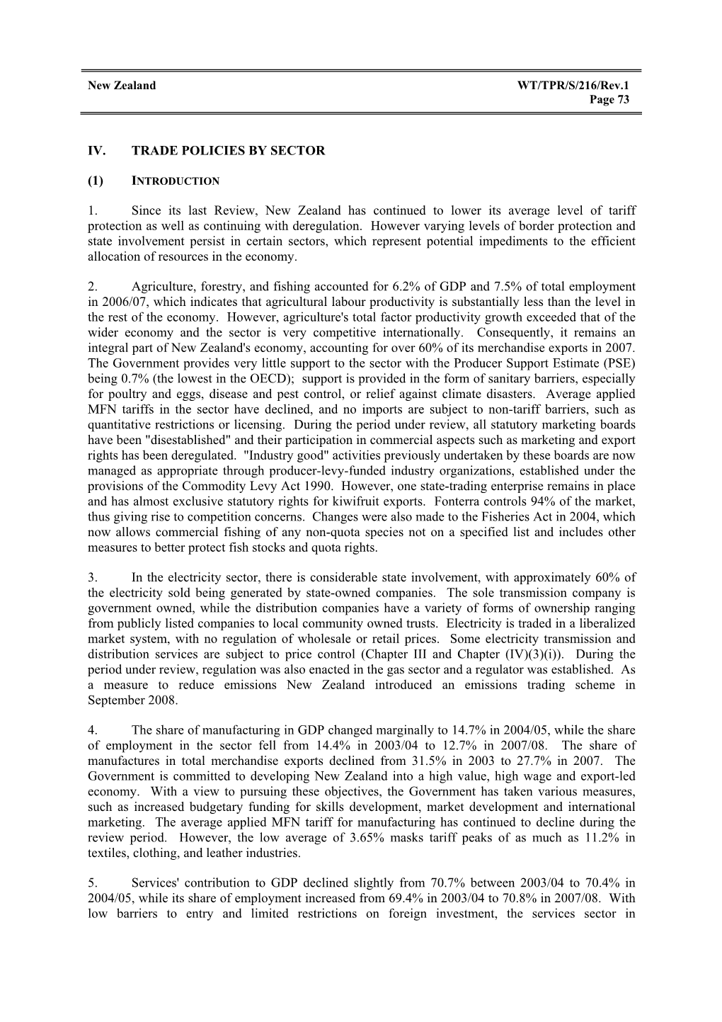 Iv. Trade Policies by Sector