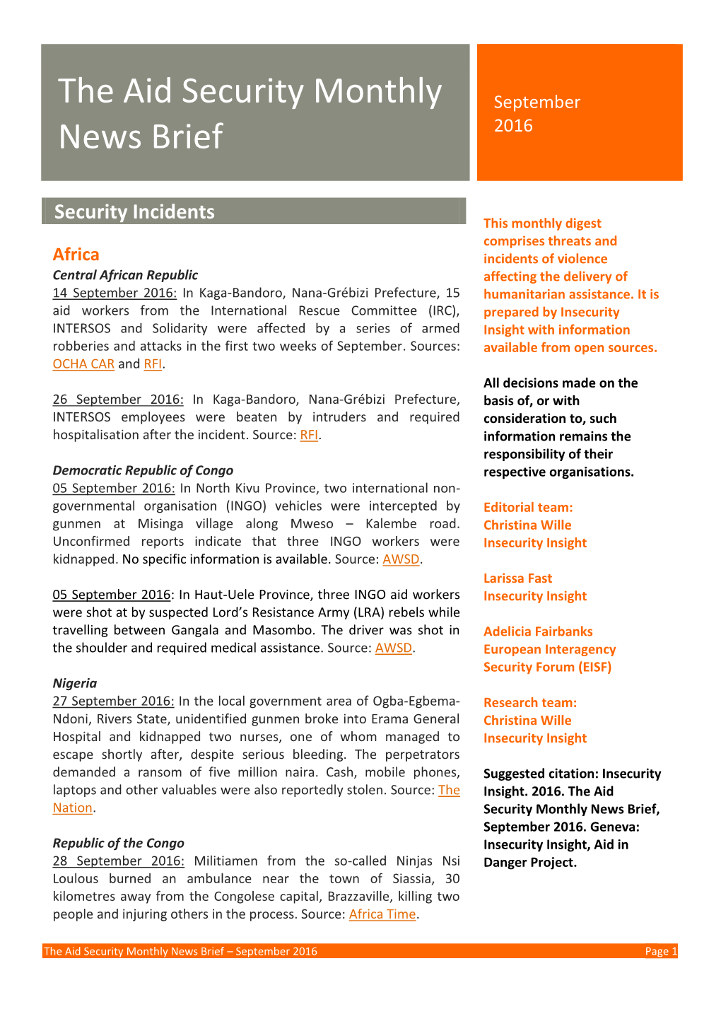 The Aid Security Monthly News Brief – September 2016 Page 1