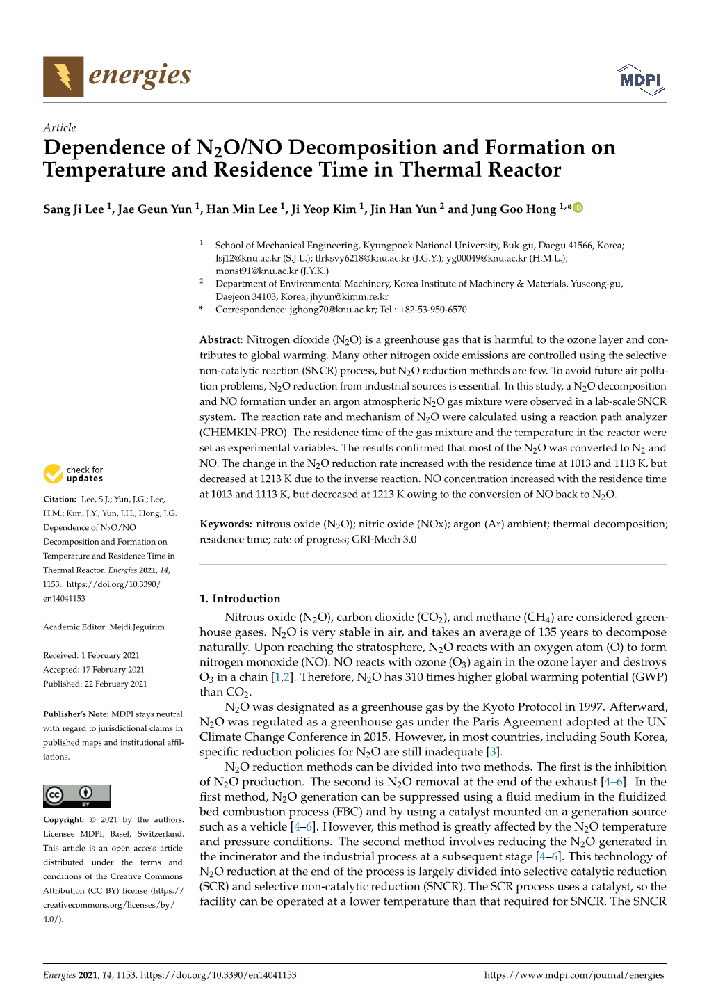 Dependence of N2O/NO Decomposition and Formation on Temperature and Residence Time in Thermal Reactor