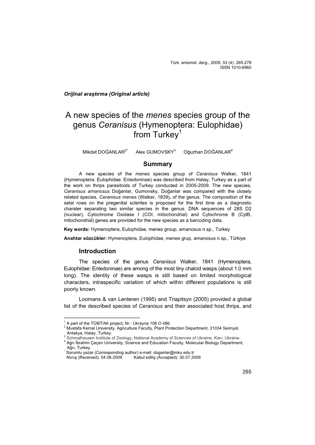 A New Species of the Menes Species Group of the Genus Ceranisus (Hymenoptera: Eulophidae) from Turkey1