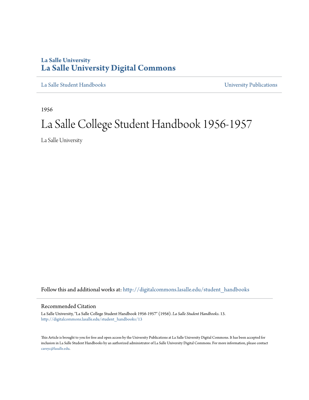 La Salle College Student Handbook 1956-1957 La Salle University