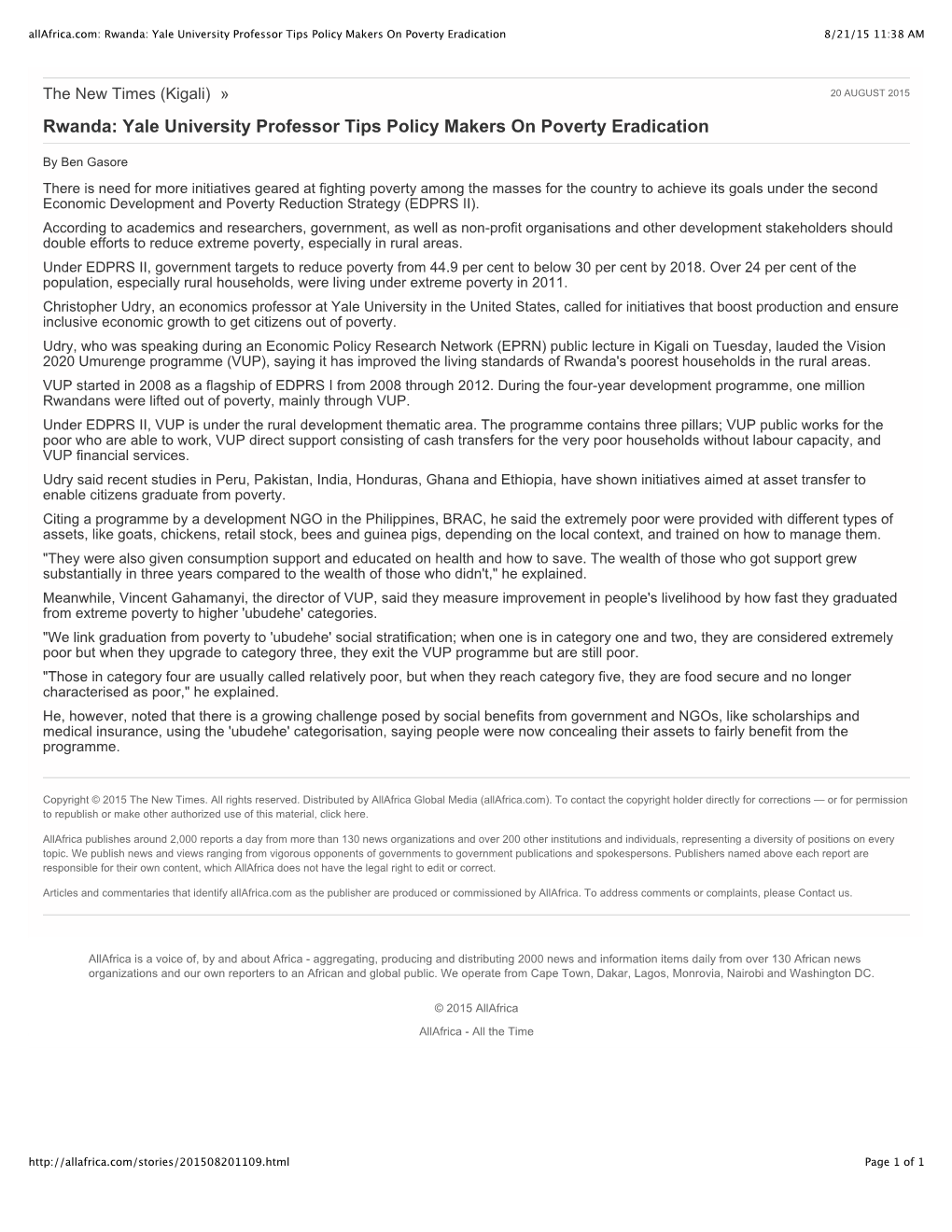 Allafrica.Com: Rwanda: Yale University Professor Tips Policy Makers on Poverty Eradication 8/21/15 11:38 AM