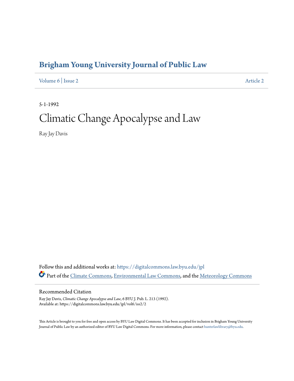 Climatic Change Apocalypse and Law Ray Jay Davis