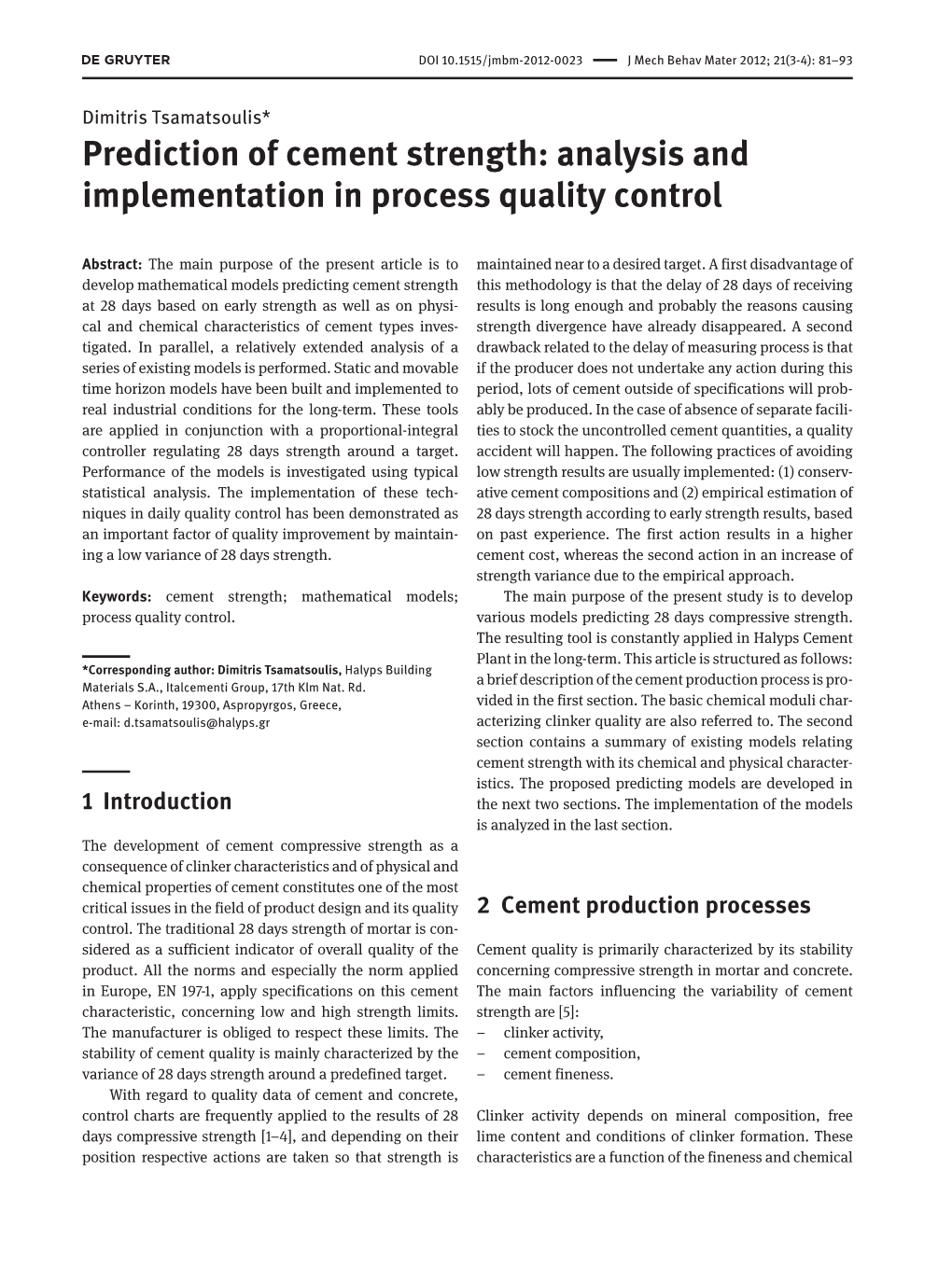 Prediction of Cement Strength: Analysis and Implementation in Process Quality Control