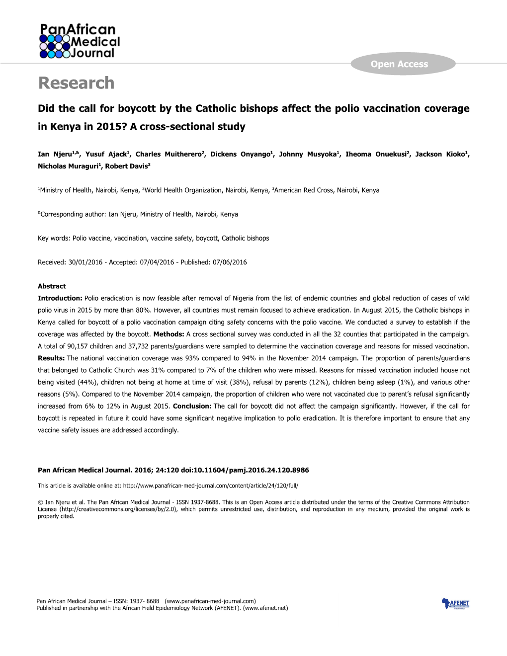 Did the Call for Boycott by the Catholic Bishops Affect the Polio Vaccination Coverage in Kenya in 2015? a Cross-Sectional Study