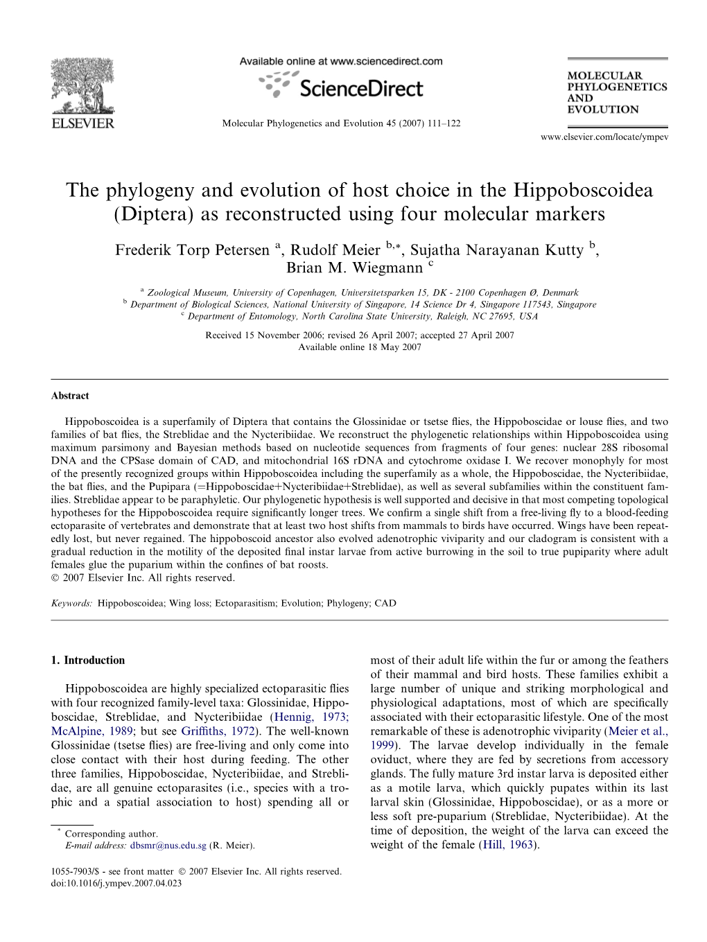 The Phylogeny and Evolution of Host Choice in the Hippoboscoidea (Diptera) As Reconstructed Using Four Molecular Markers