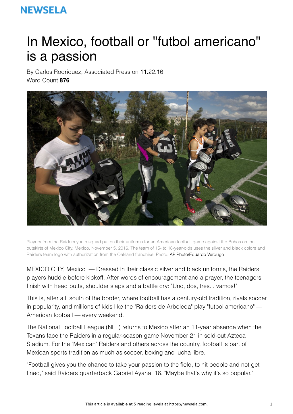 In Mexico, Football Or "Futbol Americano" Is a Passion by Carlos Rodriquez, Associated Press on 11.22.16 Word Count 876