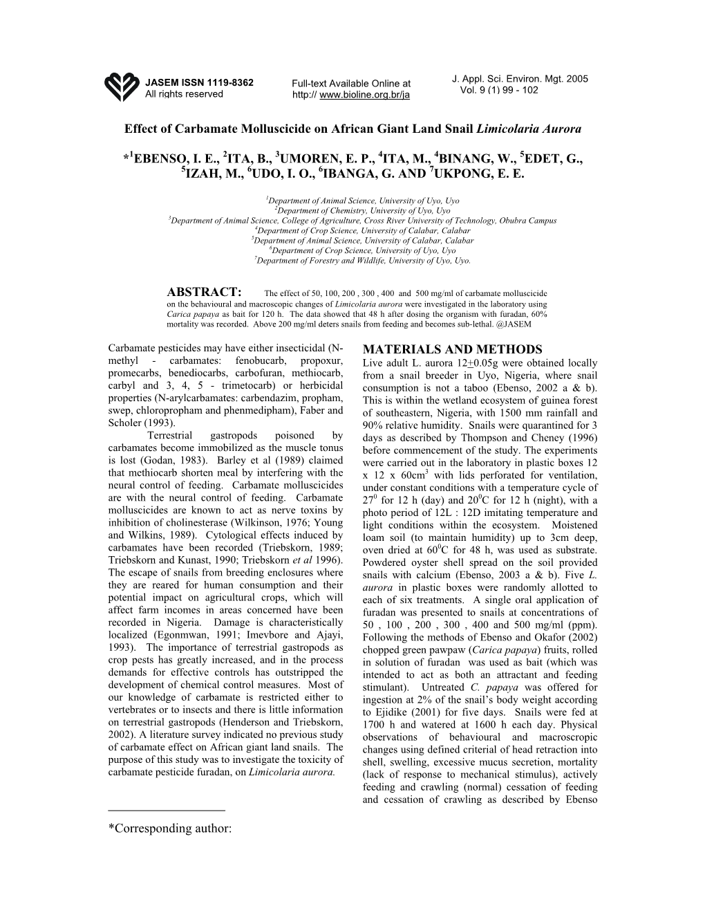 Effect of Carbamate Molluscicide on African Giant Land Snail Limicolaria Aurora