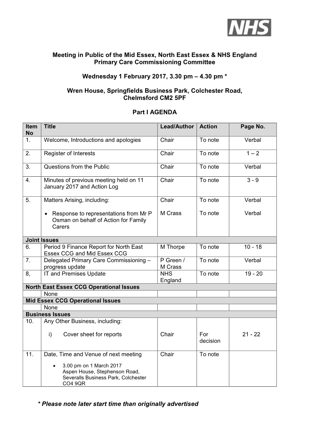 Meeting in Public of the Mid Essex, North East Essex & NHS England