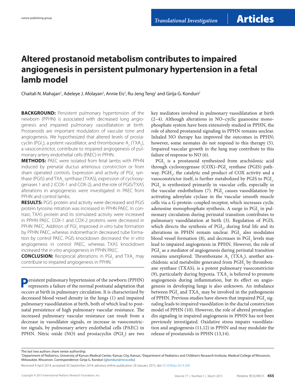 Altered Prostanoid Metabolism Contributes to Impaired Angiogenesis in Persistent Pulmonary Hypertension in a Fetal Lamb Model