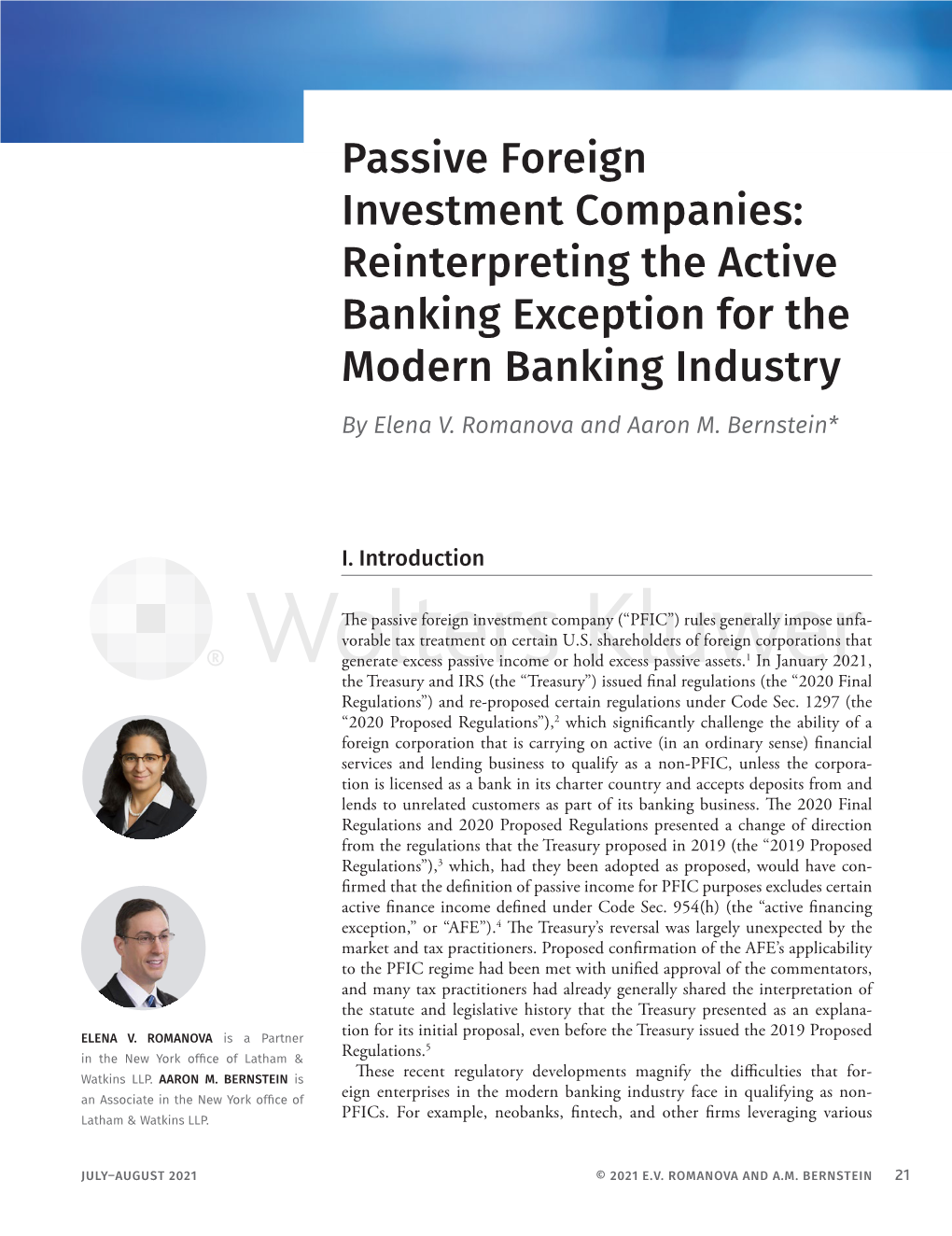 Passive Foreign Investment Companies: Reinterpreting the Active Banking Exception for the Modern Banking Industry by Elena V