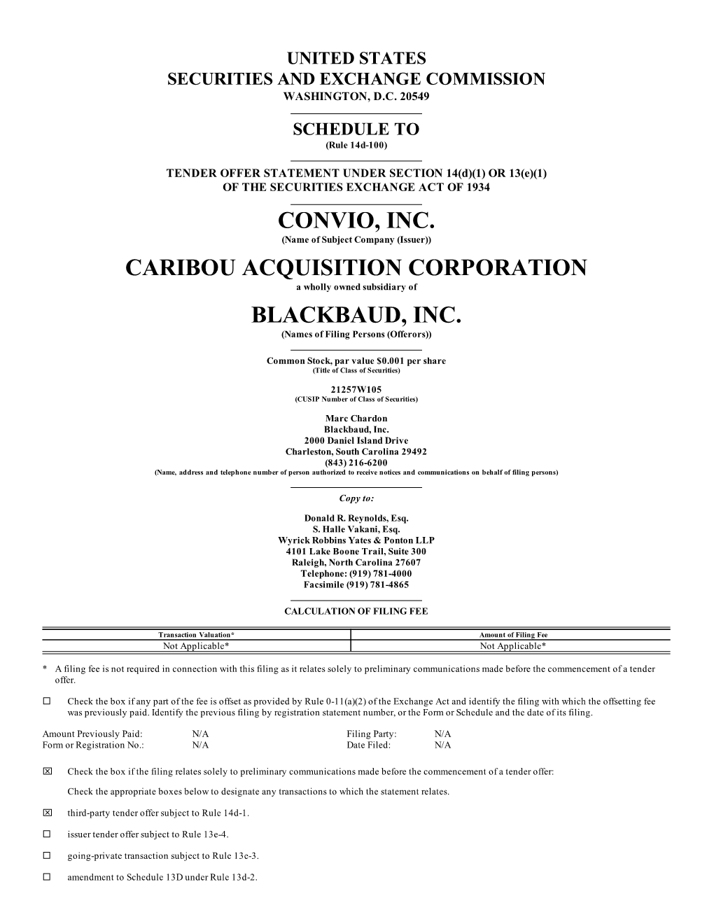 Convio, Inc. Caribou Acquisition Corporation