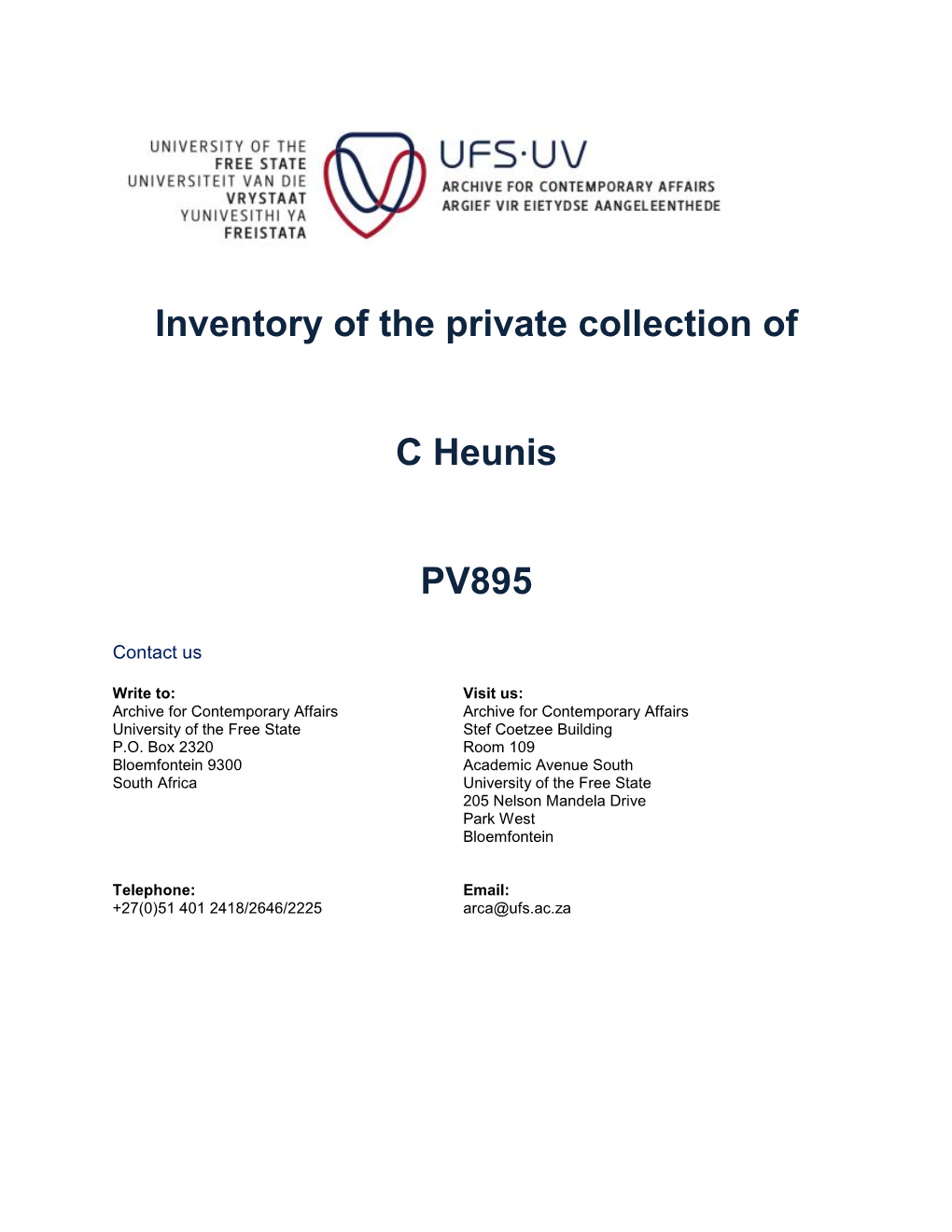 Inventory of the Private Collection of C Heunis PV895