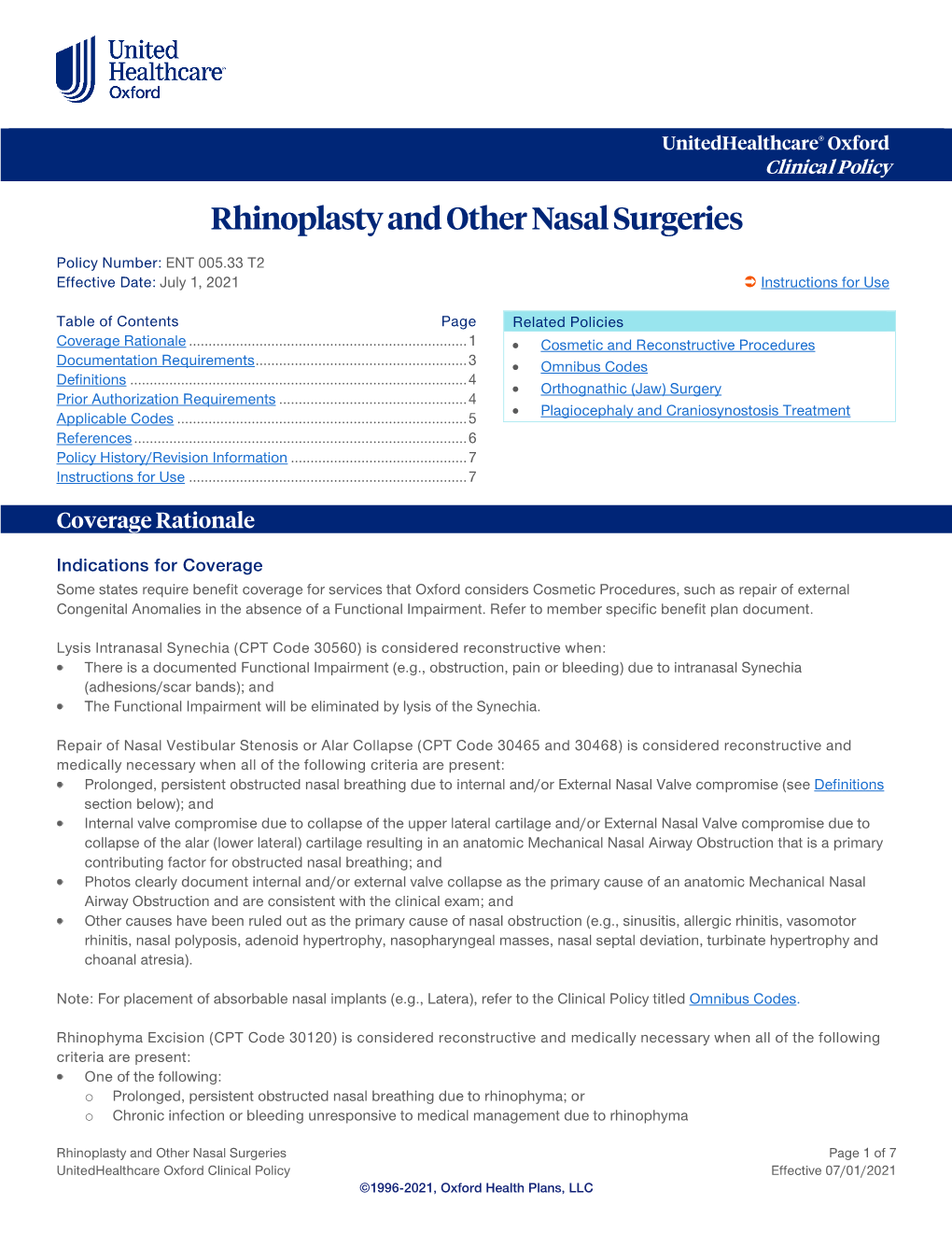 Rhinoplasty and Other Nasal Surgeries – Oxford Reimbursement