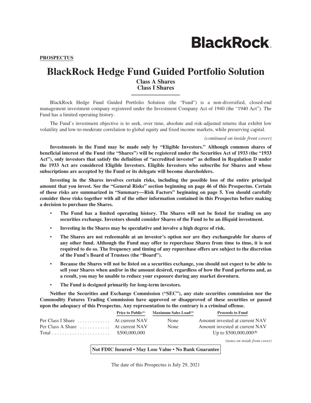 Blackrock Hedge Fund Guided Portfolio Solution Class a Shares Class I Shares