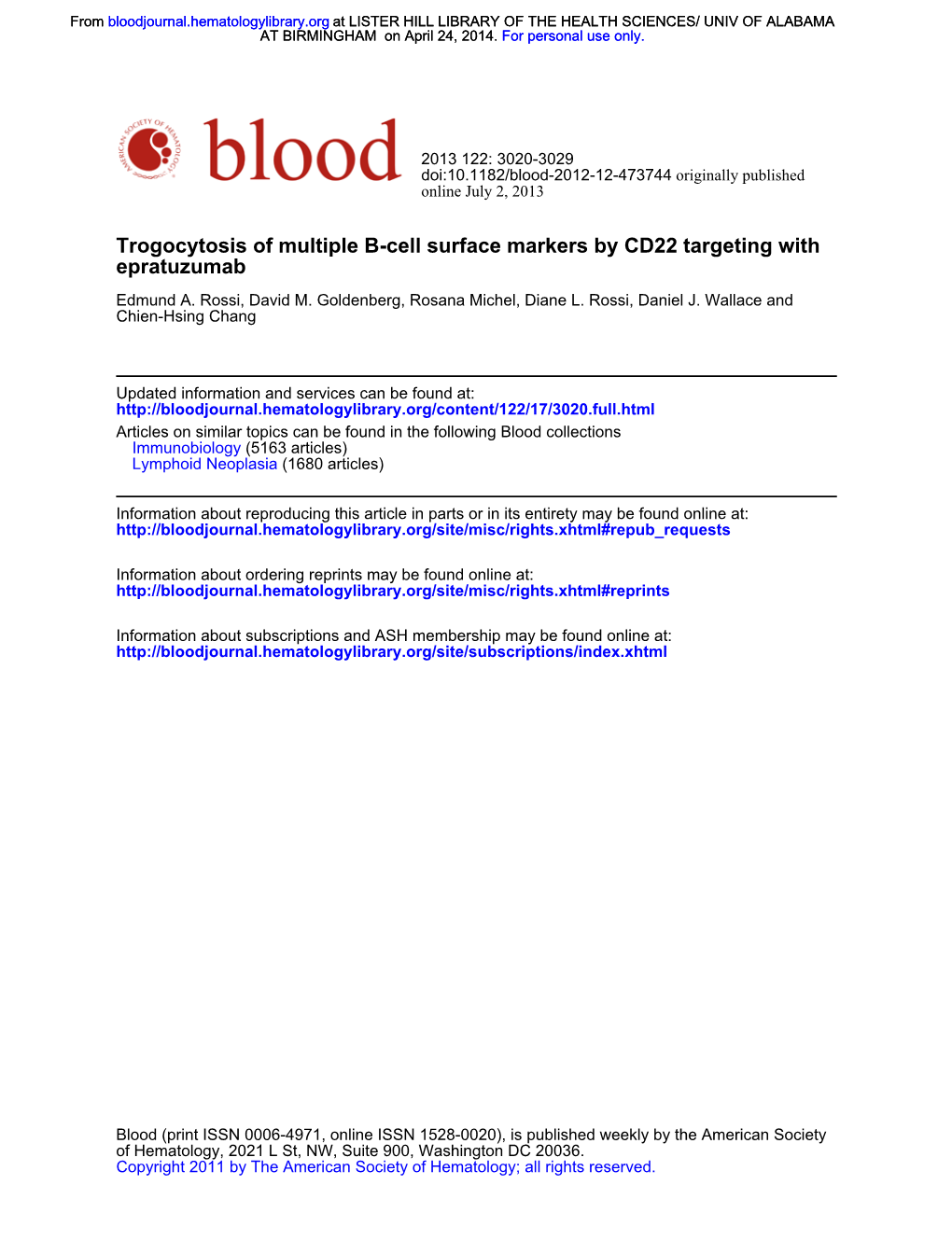 Epratuzumab Trogocytosis of Multiple B-Cell Surface Markers by CD22