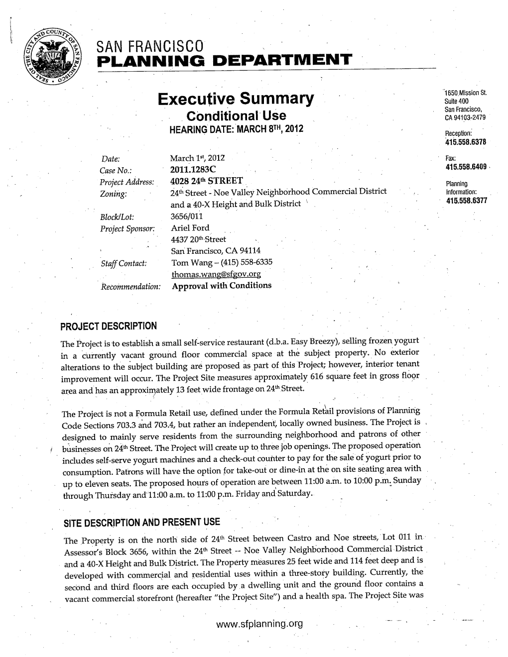 SAN FRANCISCO PLANNING DEPARTMENT Executive Summary