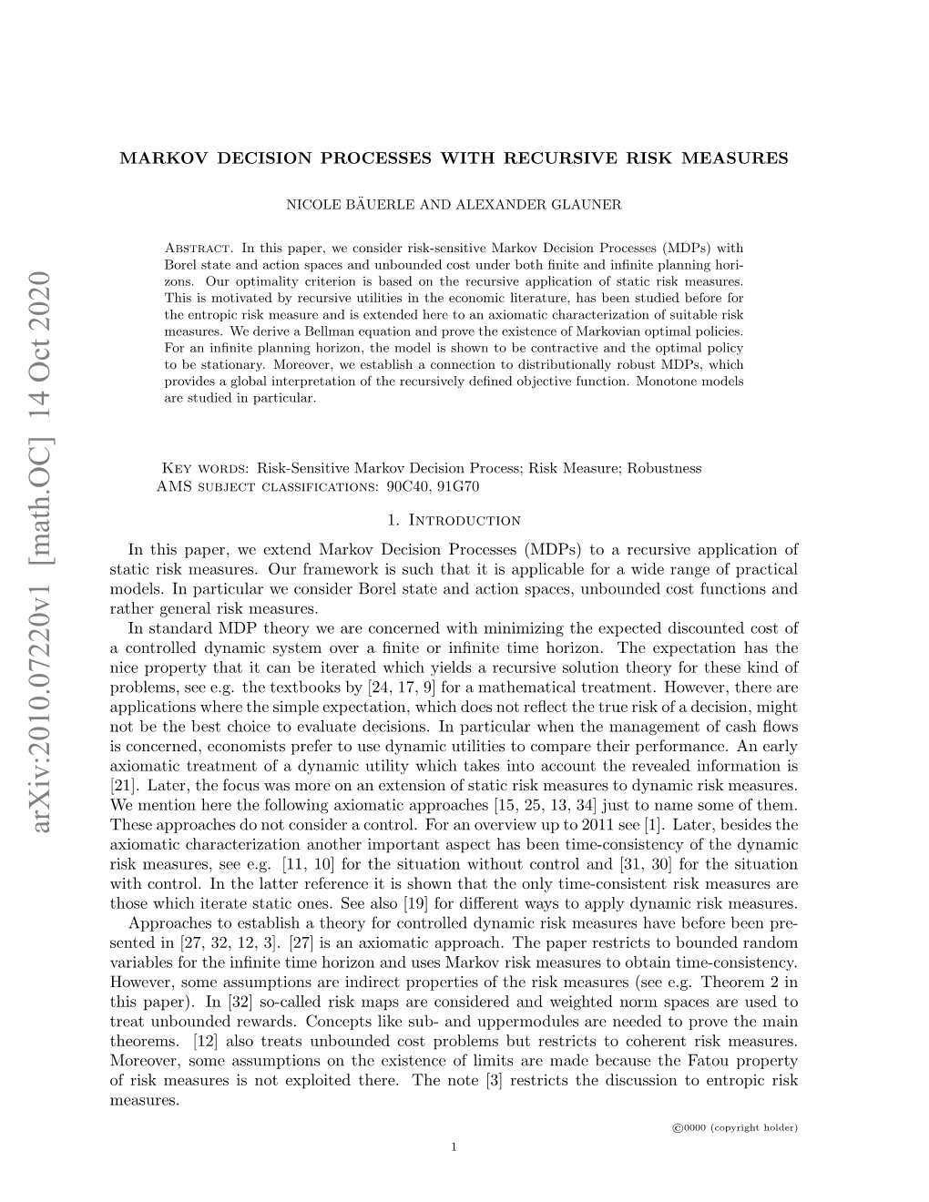 Markov Decision Processes with Recursive Risk Measures 3