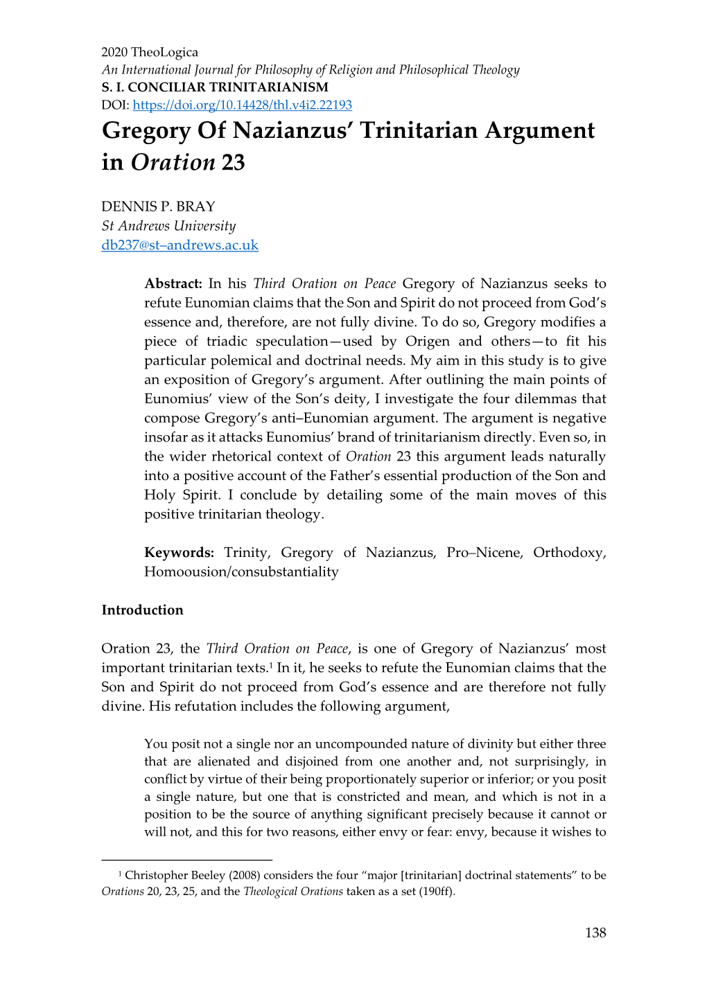 Gregory of Nazianzus' Trinitarian Argument in Oration 23