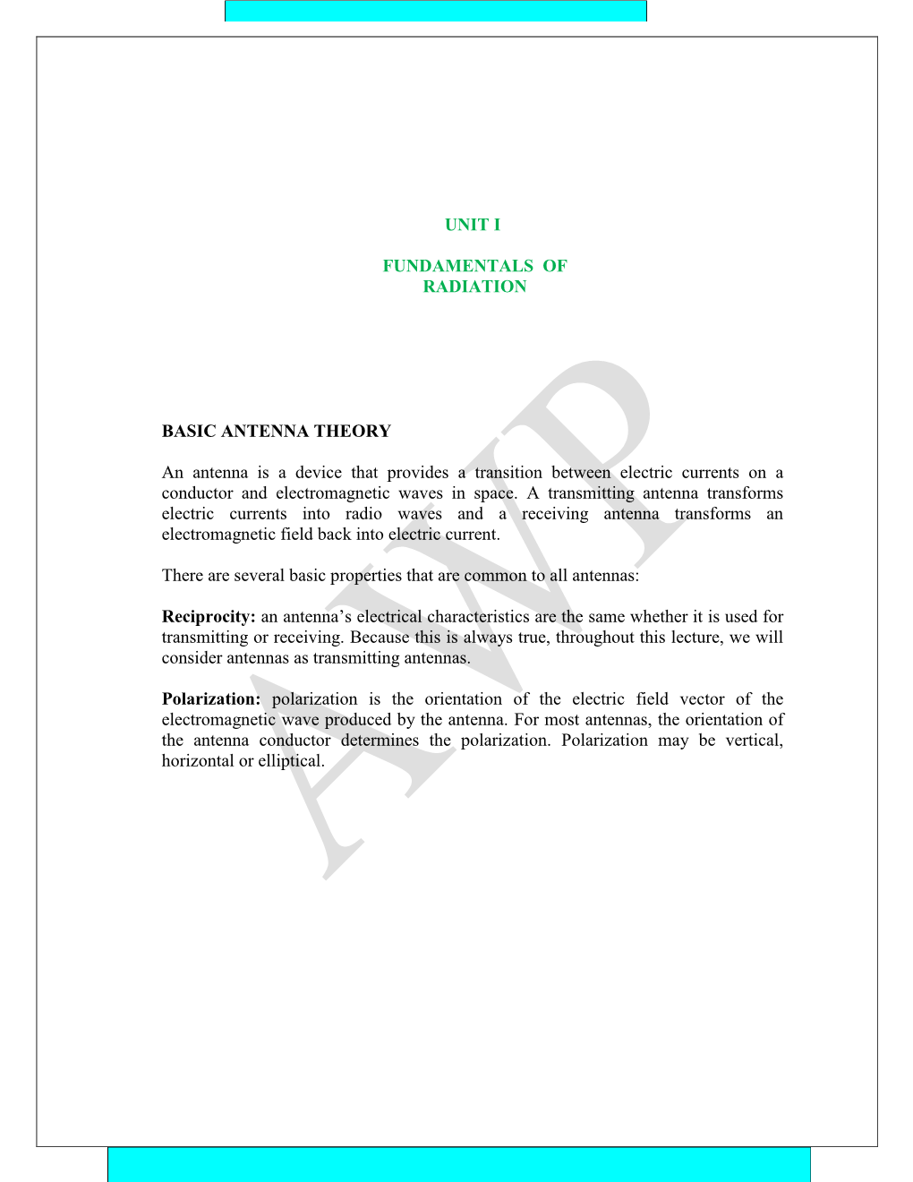 Unit I Fundamentals of Radiation Basic Antenna