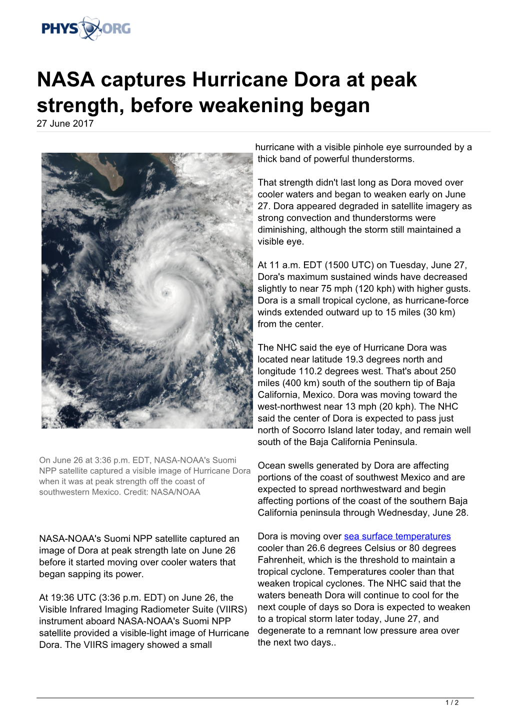 NASA Captures Hurricane Dora at Peak Strength, Before Weakening Began 27 June 2017