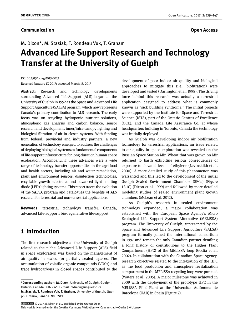 Advanced Life Support Research and Technology Transfer at the University of Guelph