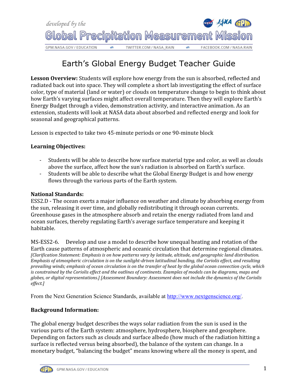 Earth's Global Energy Budget Teacher Guide