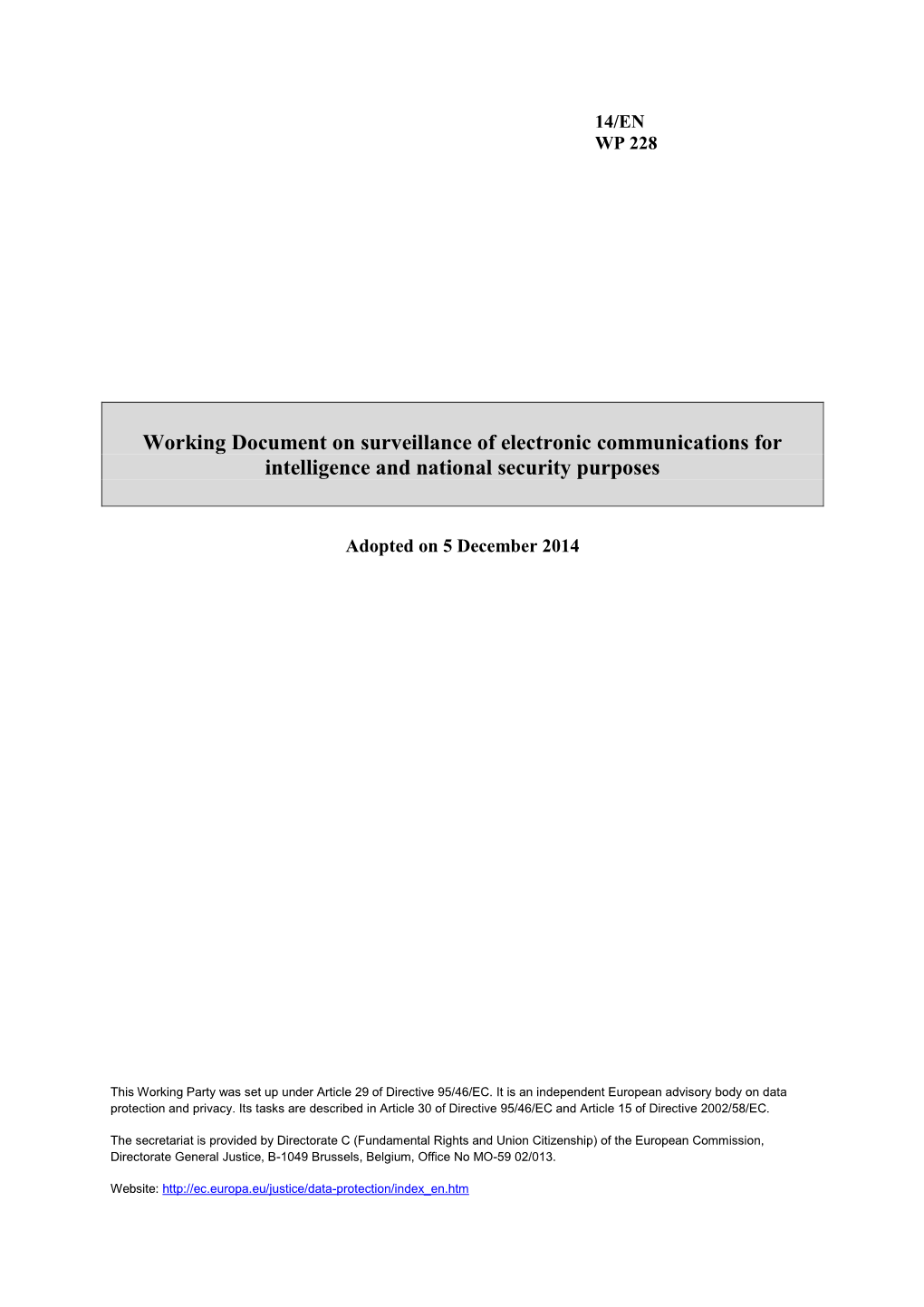 Working Document on Surveillance of Electronic Communications for Intelligence and National Security Purposes