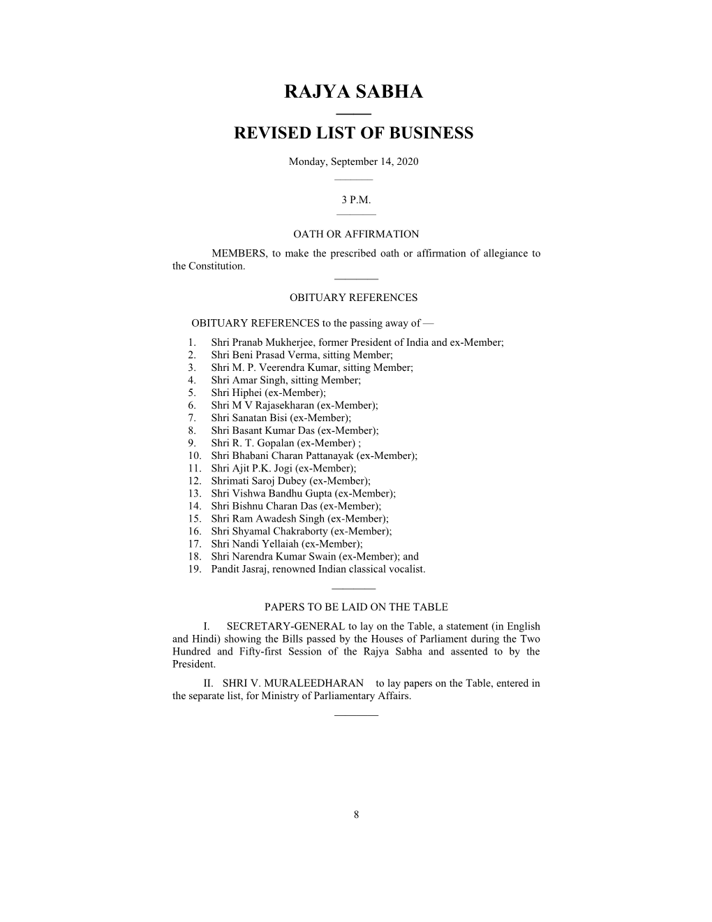 Rajya Sabha —— Revised List of Business