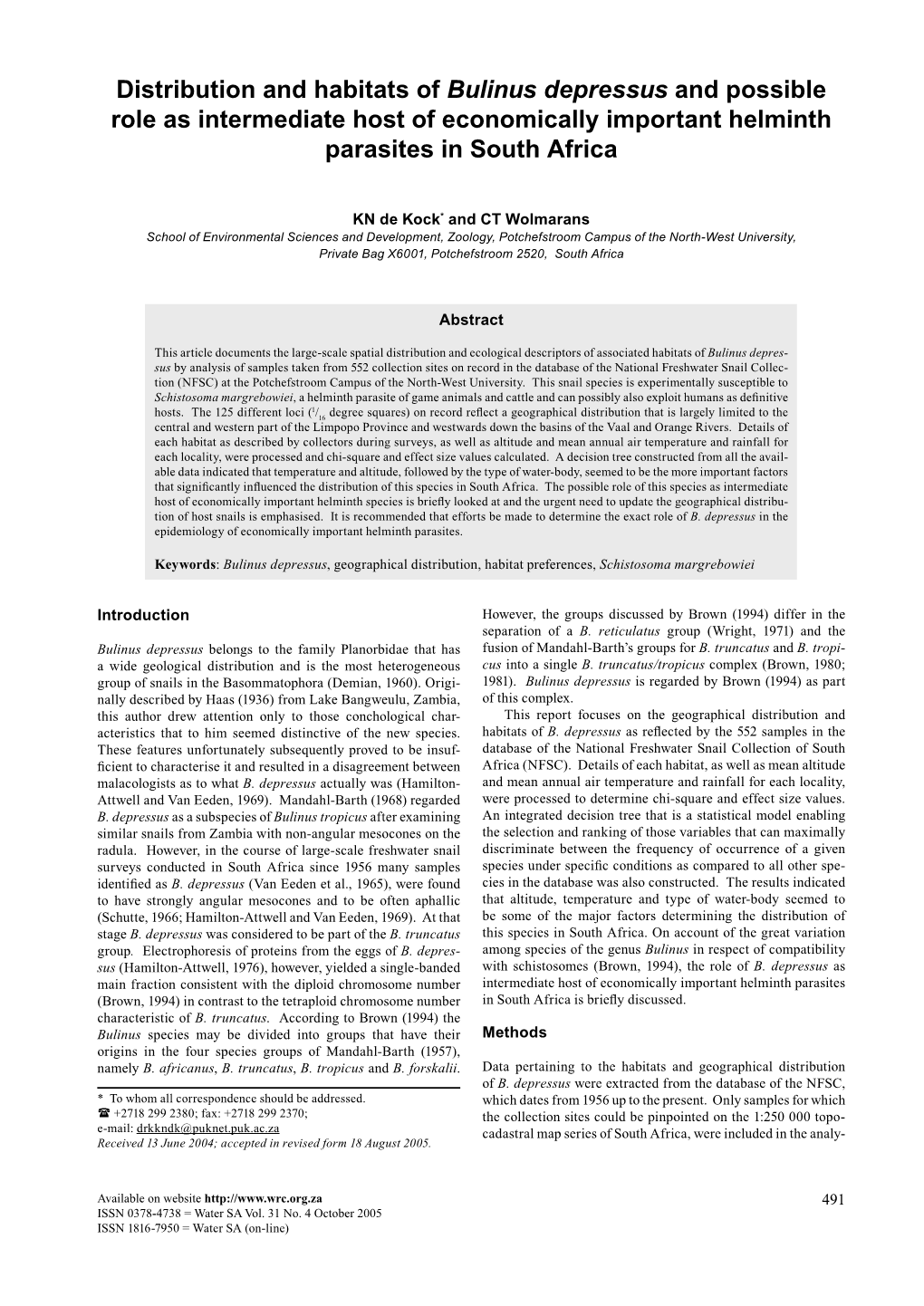 Distribution and Habitats of Bulinus Depressus and Possible Role As Intermediate Host of Economically Important Helminth Parasites in South Africa