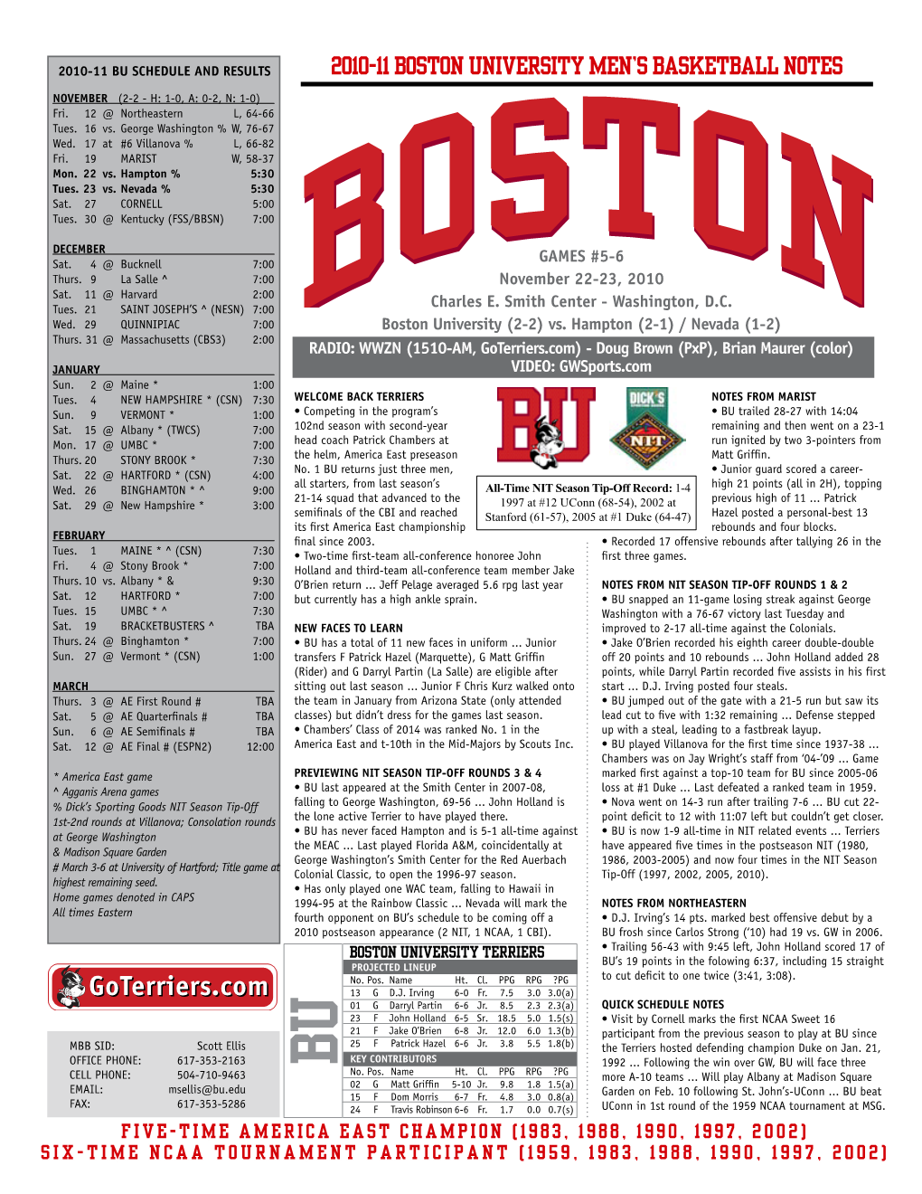 2010-11 BOSTON UNIVERSITY MEN's Basketball NOTES