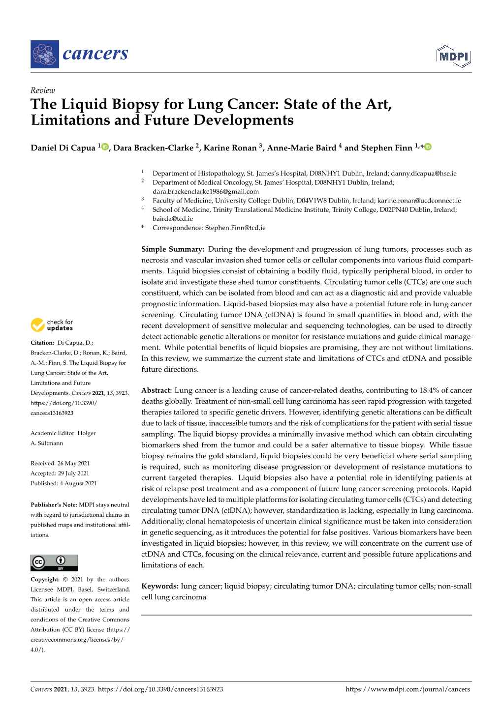 The Liquid Biopsy for Lung Cancer: State of the Art, Limitations and Future Developments