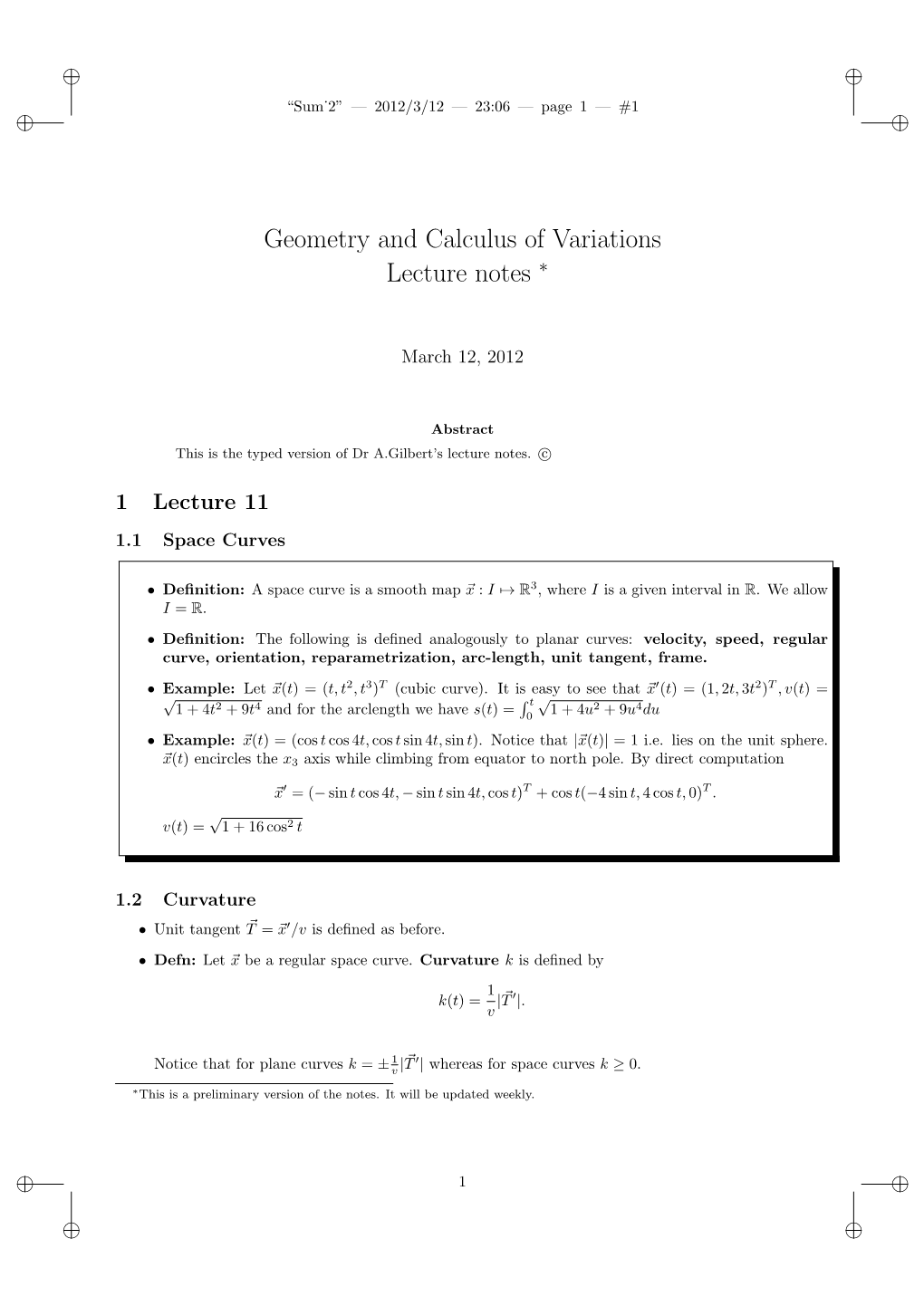 Geometry and Calculus of Variations Lecture Notes ∗