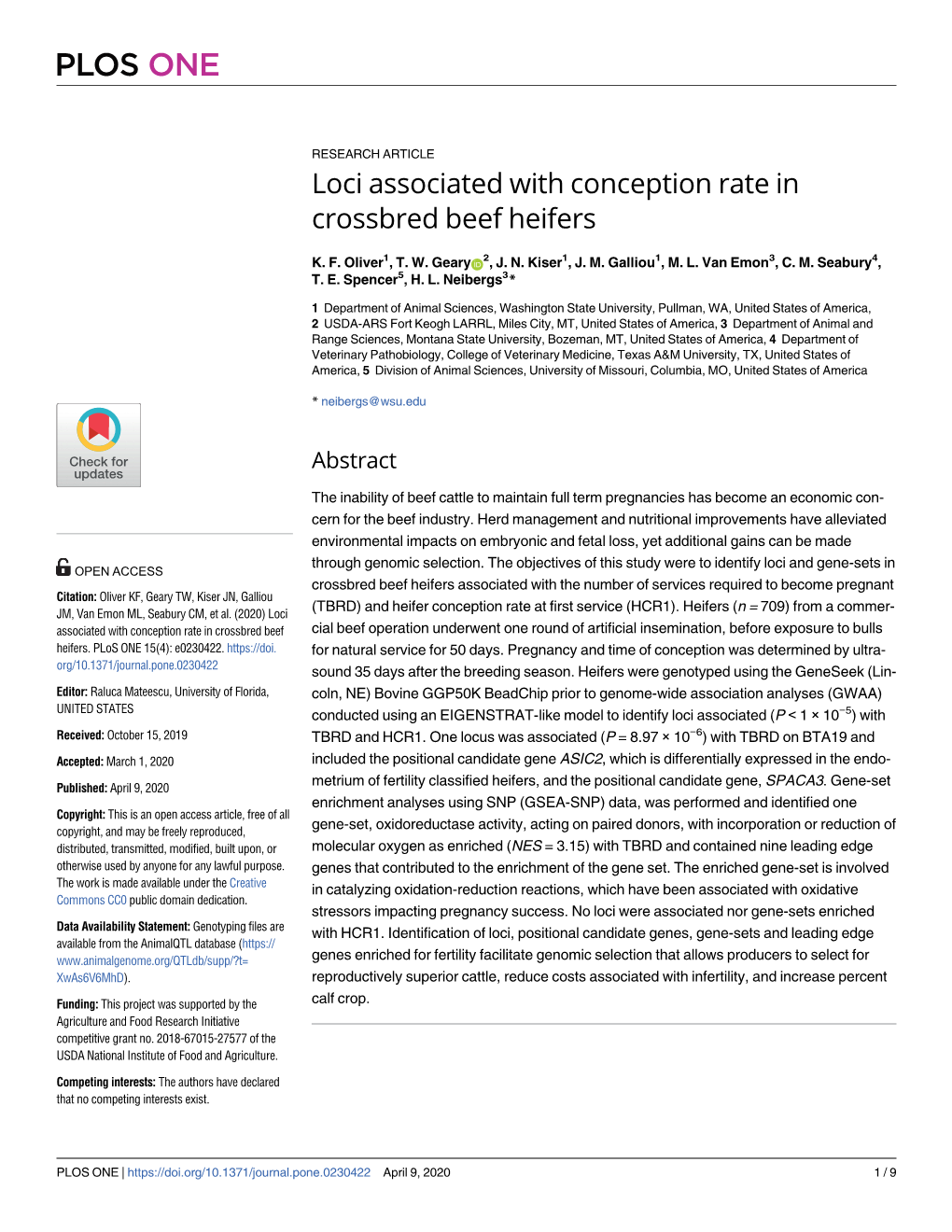 Loci Associated with Conception Rate in Crossbred Beef Heifers