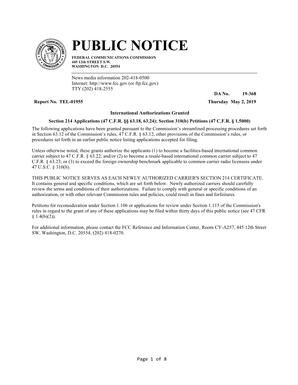 PUBLIC NOTICE FEDERAL COMMUNICATIONS COMMISSION 445 12Th STREET S.W