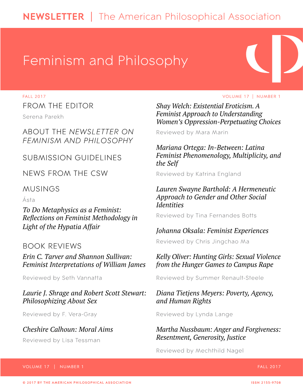 APA Newsletter on Feminism and Philosophy, Vol. 17, No. 1, Fall 2017