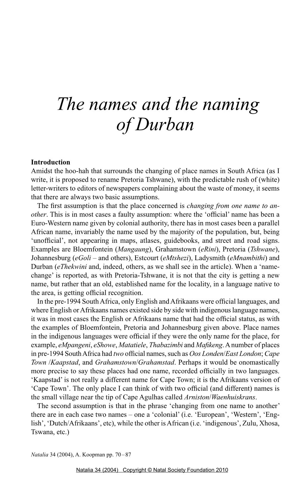 The Names and the Naming of Durban Adrian Koopman