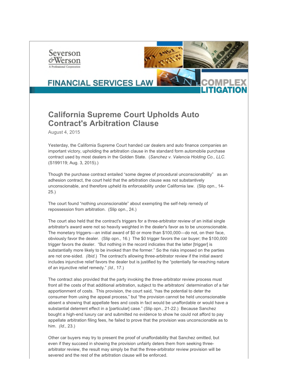 California Supreme Court Upholds Auto Contract's Arbitration Clause August 4, 2015