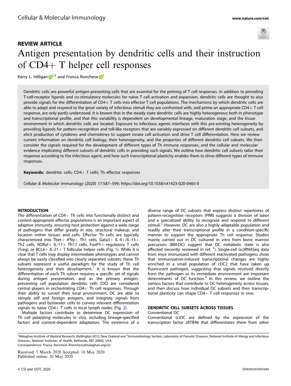 Antigen Presentation by Dendritic Cells and Their Instruction of CD4+ T Helper Cell Responses