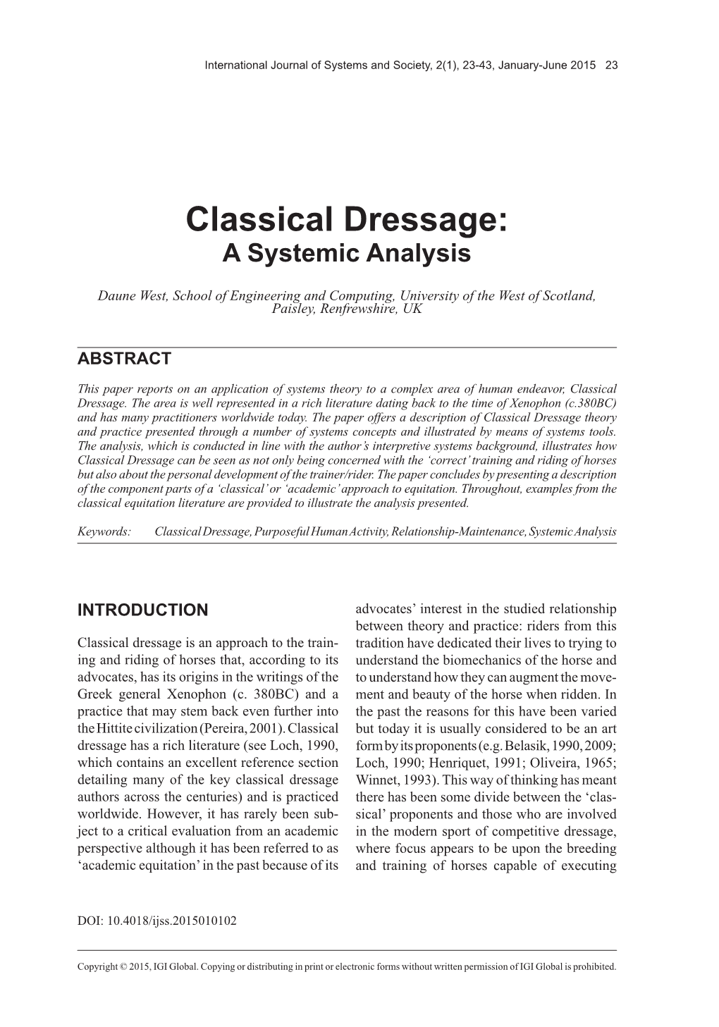 Classical Dressage: a Systemic Analysis