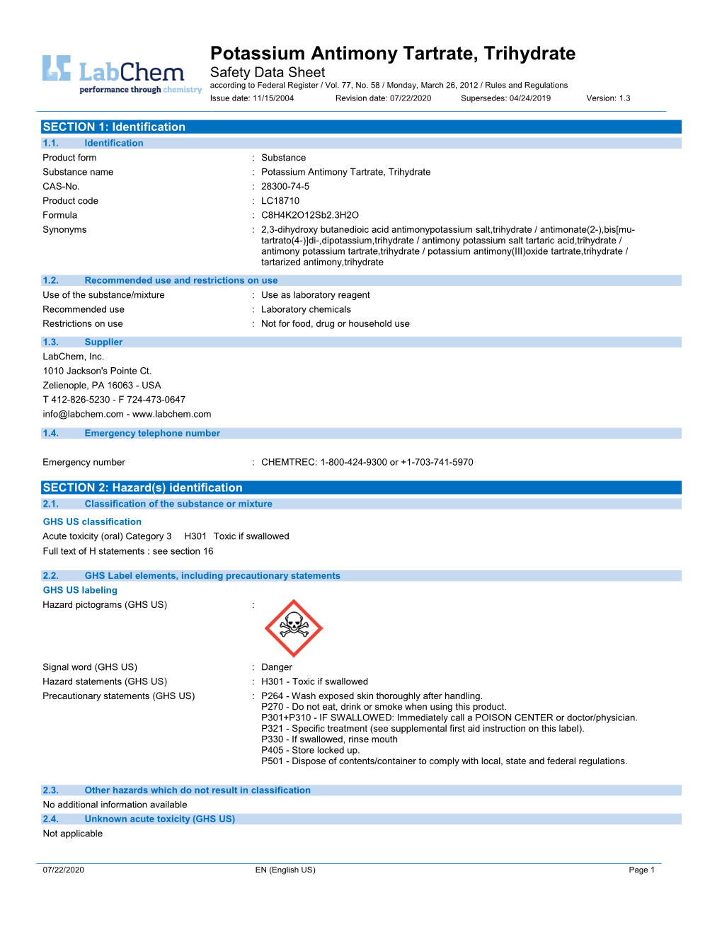 Potassium Antimony Tartrate, Trihydrate Safety Data Sheet According to Federal Register / Vol