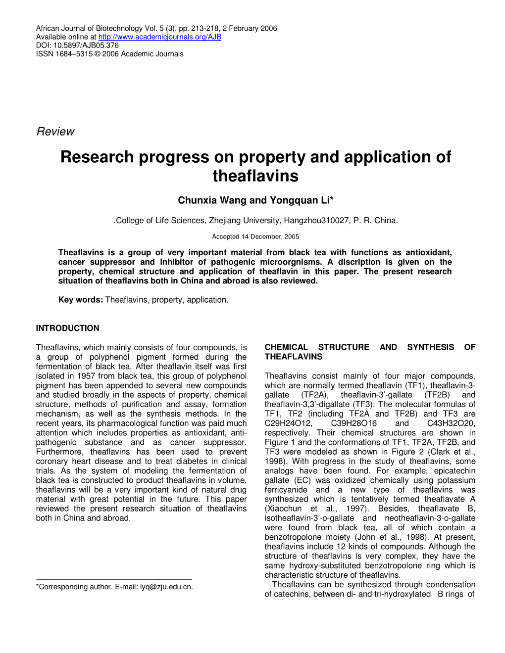 Research Progress on Property and Application of Theaflavins