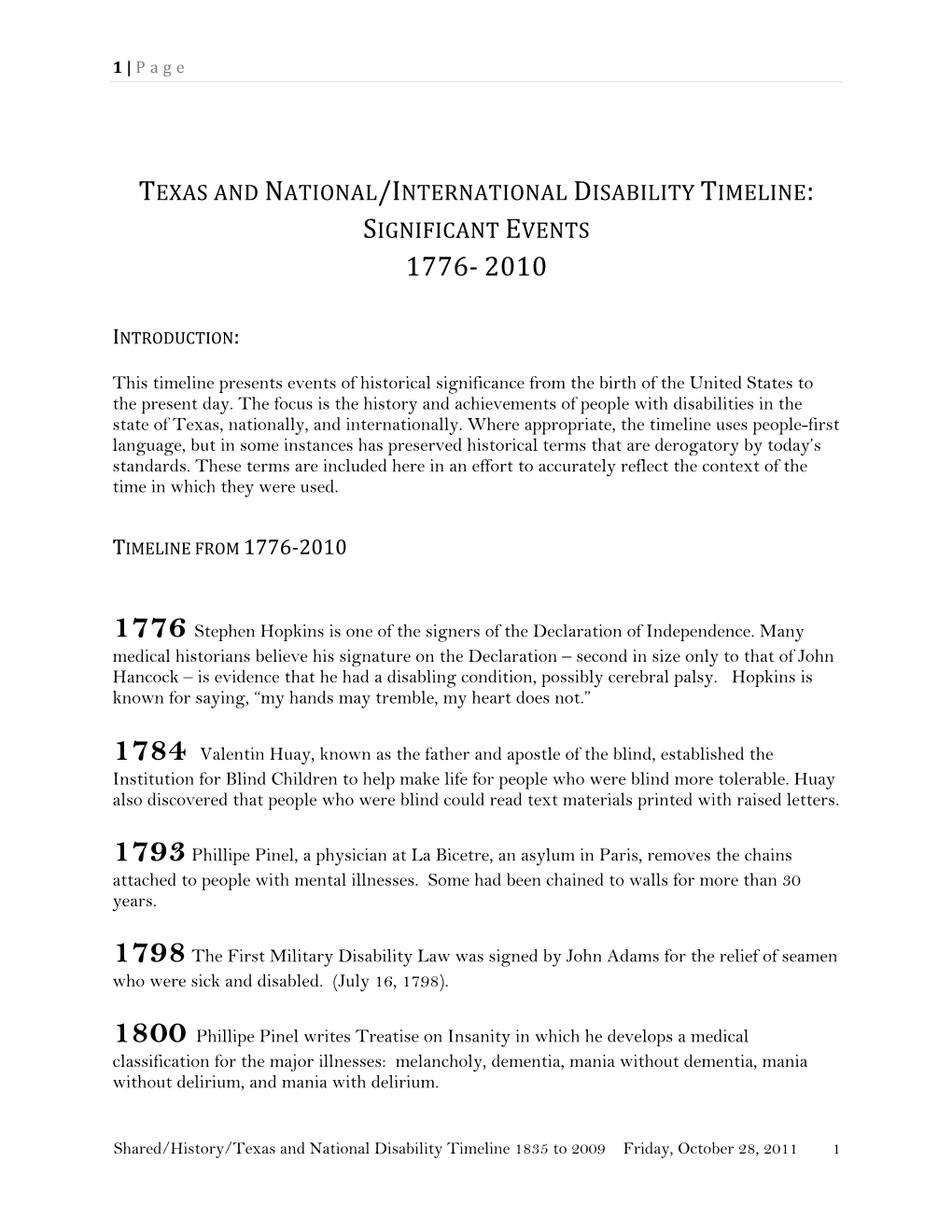 Texas and National/International Disability Timeline: Significant Events 1776- 2010