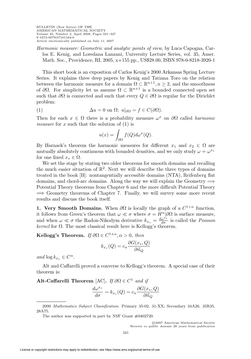 Harmonic Measure: Geometric and Analytic Points of View, by Luca Capogna, Car- Los E