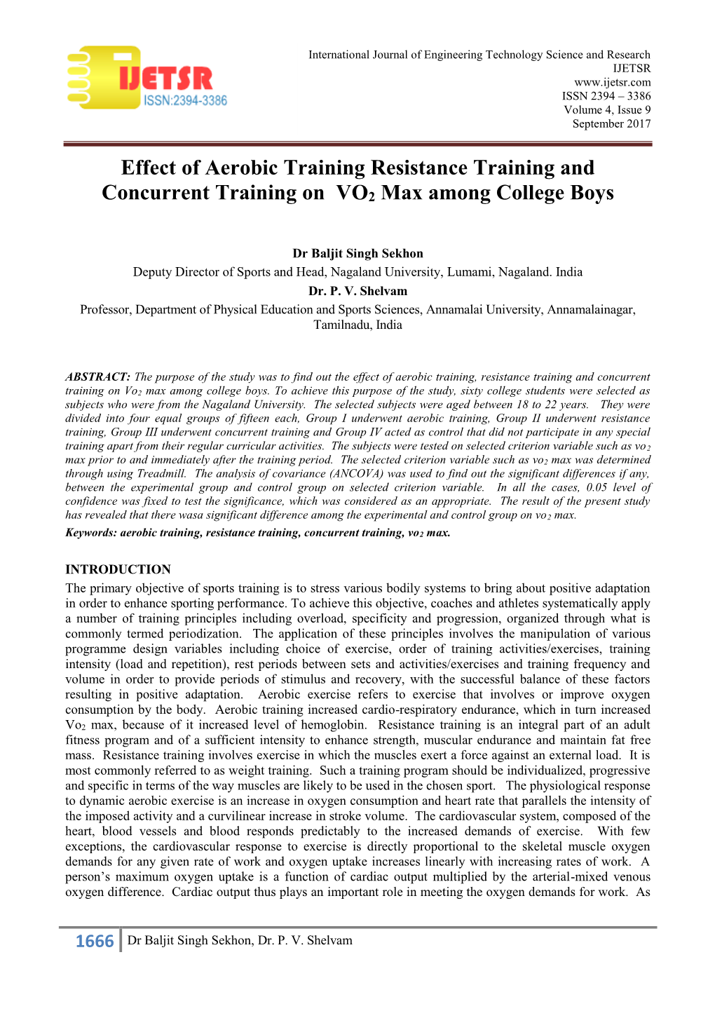 Effect of Aerobic Training Resistance Training and Concurrent Training on VO2 Max Among College Boys