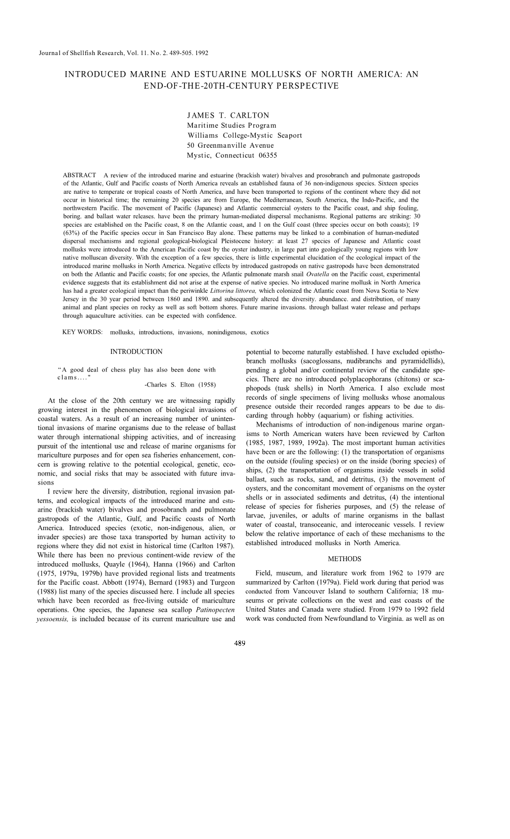 Introduced Marine and Estuarine Mollusks of North America: an End-Of-The-20Th-Century Perspective