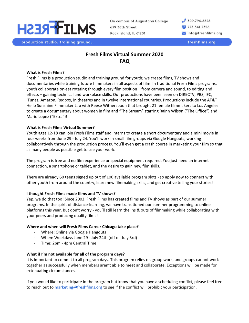 Fresh Films Virtual Summer 2020 FAQ