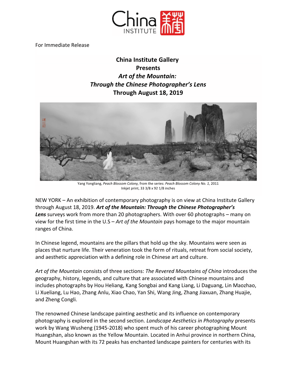 China Institute Gallery Presents Art of the Mountain: Through the Chinese Photographer’S Lens Through August 18, 2019